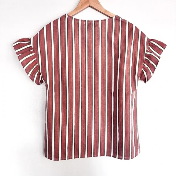 Polagram Blouse Women's Striped Flutter Sleeve Top Ruffles Cottagecore Boho M - Picture 2 of 6